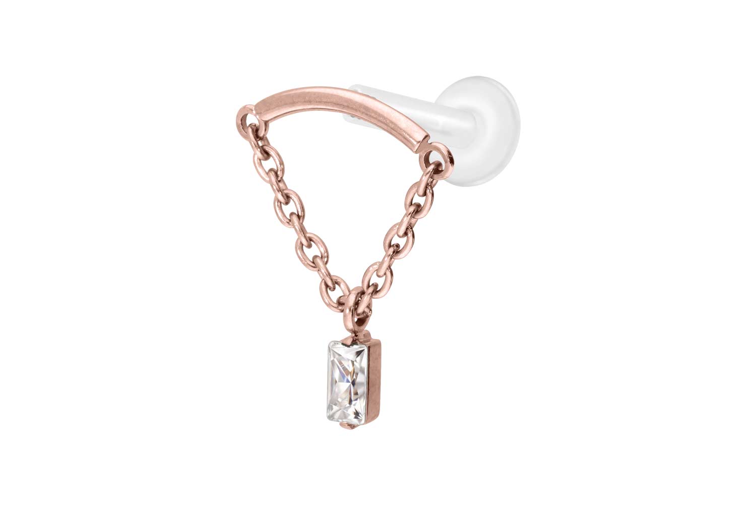 PTFE Labret Piercing mit Innengewinde + Titan-Aufsatz BOGEN + KETTE + KRISTALLRECHTECK